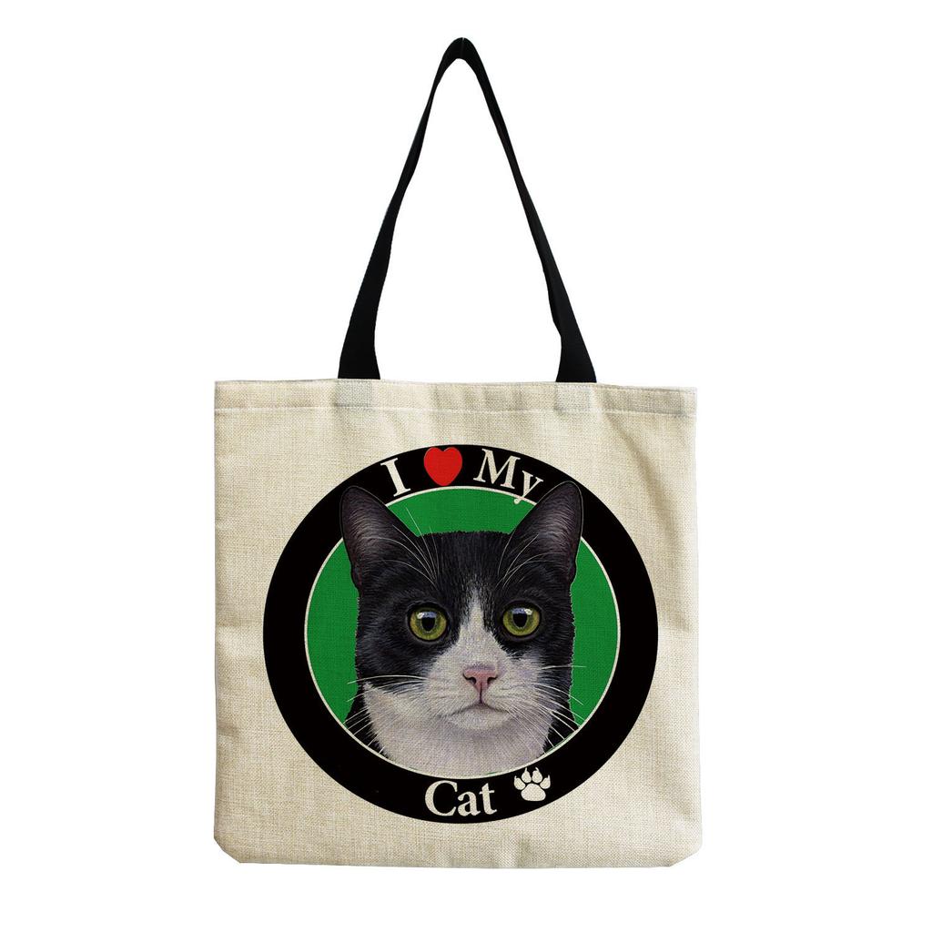 Women Vintage Linen Tote Bag - Large Capacity Cat Print Shoulder Handbag for Casual & Grocery Shopping KTB