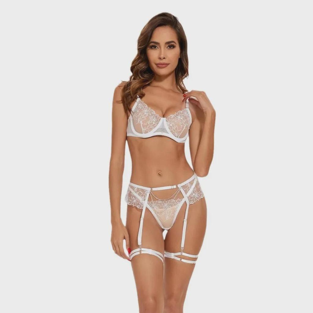 Elegant Embroidered Chain Lingerie Set: Sexy, Sheer, Three-Piece Design for Women