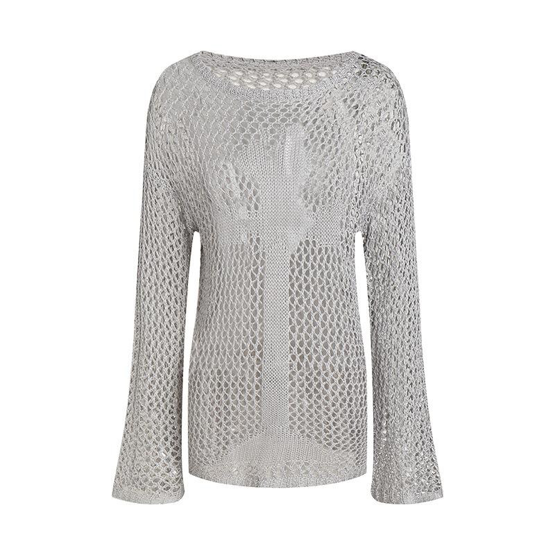 Top estivo a maniche lunghe con scollo tondo da donna, ampio, trasparente, top sexy retrò, maglieria da spiaggia