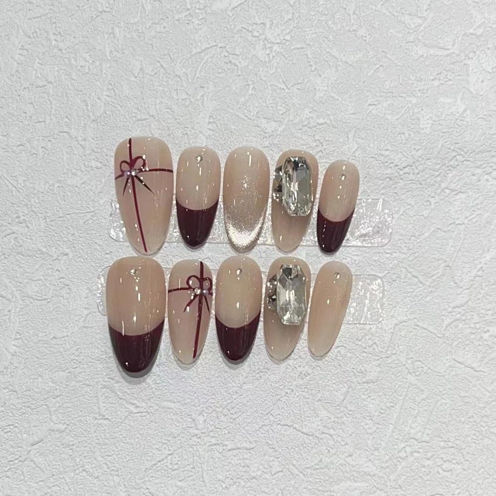 10Pcs Handmade French Gradient Cat Eye Press On Nails With 3D Butterfly Diamond Flowers Long Coffin Almond Shape