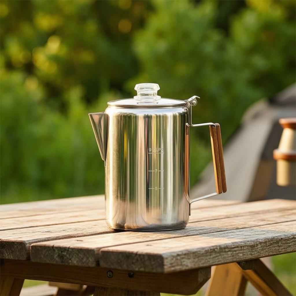 Coffee Pot with Wood-Look Handle Cordless Stainless Steel Coffee Pot Plastic-without Heavy Duty for Campers, Outdoor Cooking