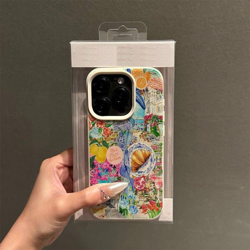 A Fresh and Simple Collage-Patterned Lychee-Textured Phone Case, Suitable for iPhone 17, 16, 15, Plus, Pro, Max Series Phones — Can Be Used as a Gift