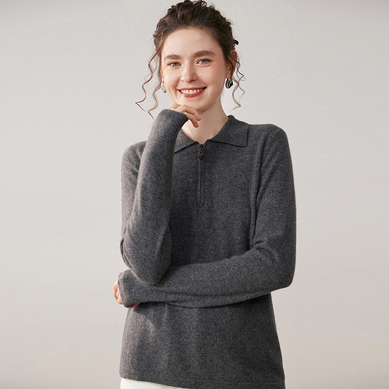 Women's Long-Sleeve Cashmere Half-Zip Polo Neck Sweater - Casual, Versatile, and Comfortable