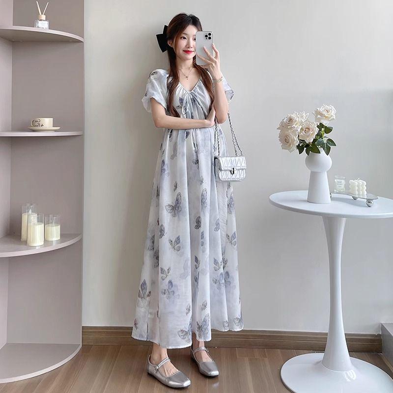 

Butterfly Ink V-Neck One-Shoulder Maternity Summer Dress M