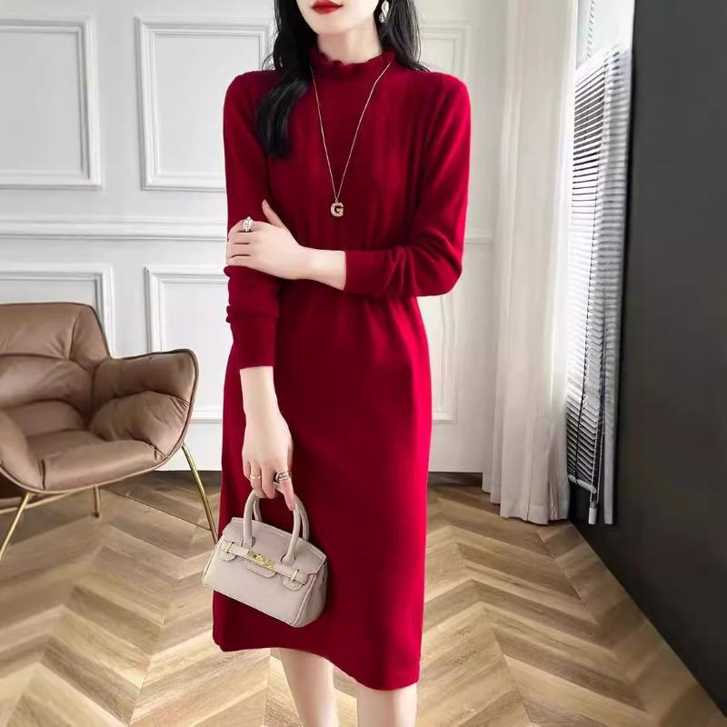 Autumn and Winter New Knitted Dress Temperament Fungus Collar Women with Coat Thin Inner with Medium and Long Sweater Women