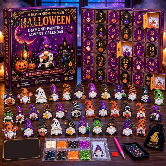 Creative Activity for Adults 31 Days Gnomes Halloween Rhinestone Painting Advent Calendar, DIY Faux Diamond Art Reusable Holiday Calendar Craft