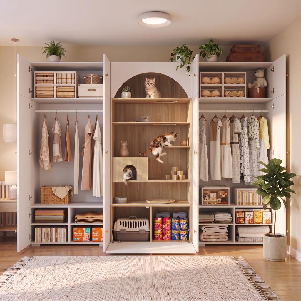 Wardrobe Set, Pet Cabinet, 270 x 50 x 200 cm, with Clothes Rail, Cat Climbing Wall and Cushion, for Bedroom, Living Room and Hallway, White+Wood Look