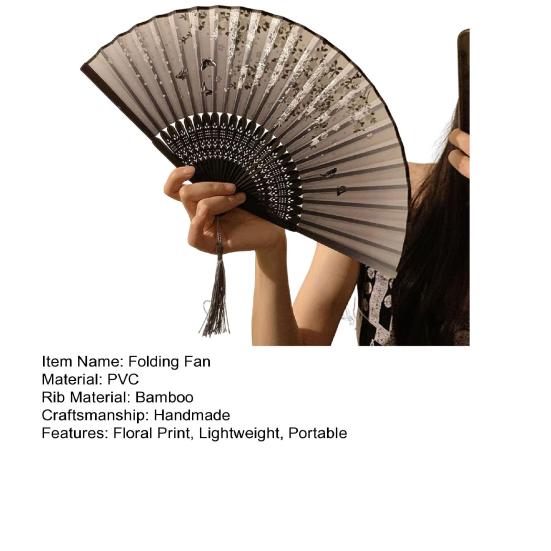 Floral Print Folding Fan with Tassel Chinese Style Hand Held Fan Portable Summer Cooling Fan Dance Performance Party Photo Props