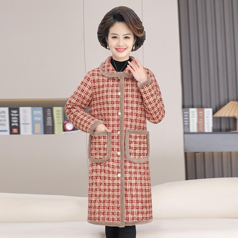 Cozy Plaid Fleece-Lined Jacket for Elderly Women - Mid-Length Winter Coat for Grandmothers