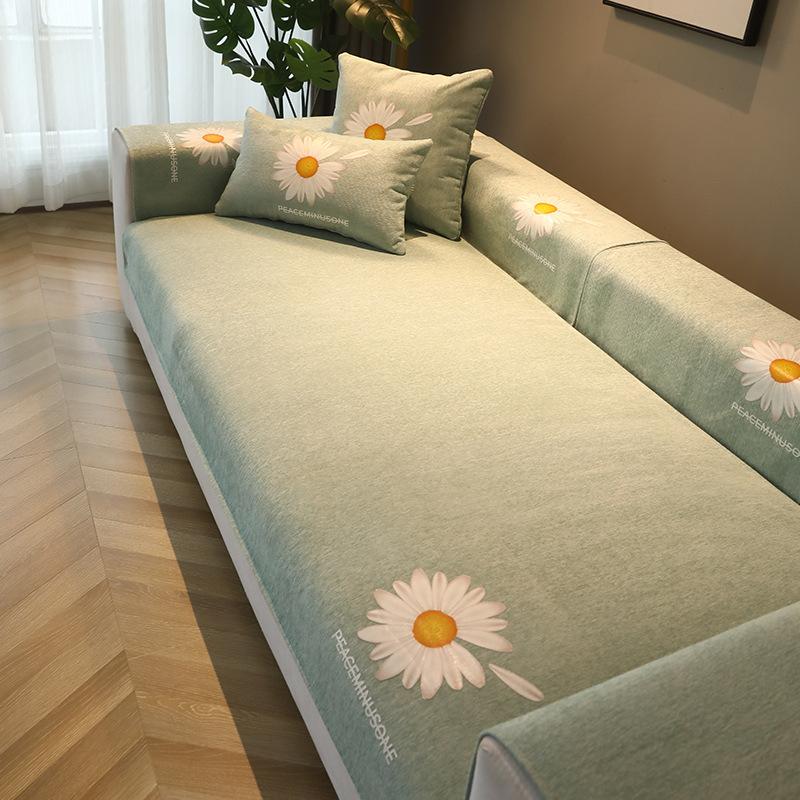 Nordisches Sofa-Handtuch Vier Jahreszeiten Chrysanthemen-Druck Sofa-Kissen Chenille Rutschfest Leder Sofasea Bezug Tuch für Wohnzimmer