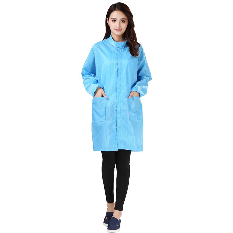 Anti-static Striped Blue & White Long Sleeve Cleanroom Gown with Stand-up Collar and Zipper