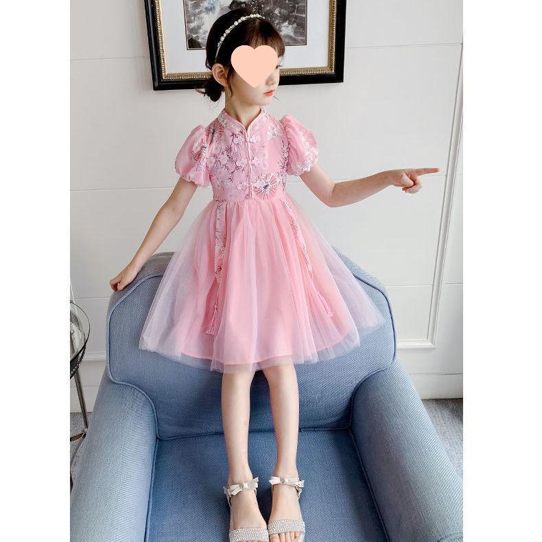 Frühling 2025 Mädchen Chinesischer Stil Puffärmel Mesh Prinzessinnenkleid