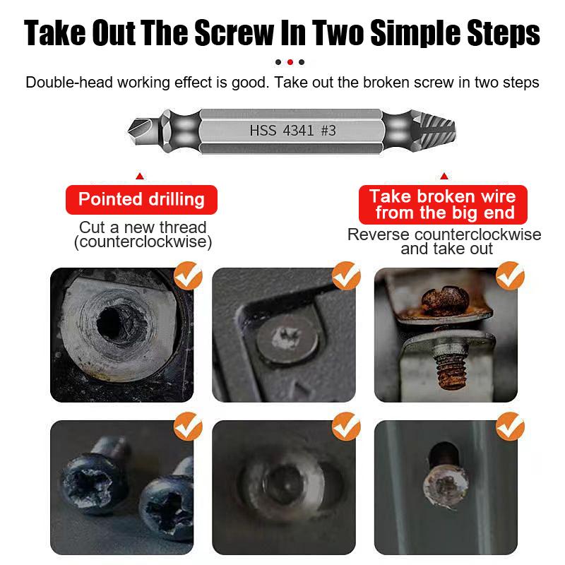6 buc. Extractor de șuruburi cu două capete HHS. Extractor de șuruburi deteriorat. Set de burghie. Extractor de burghie.