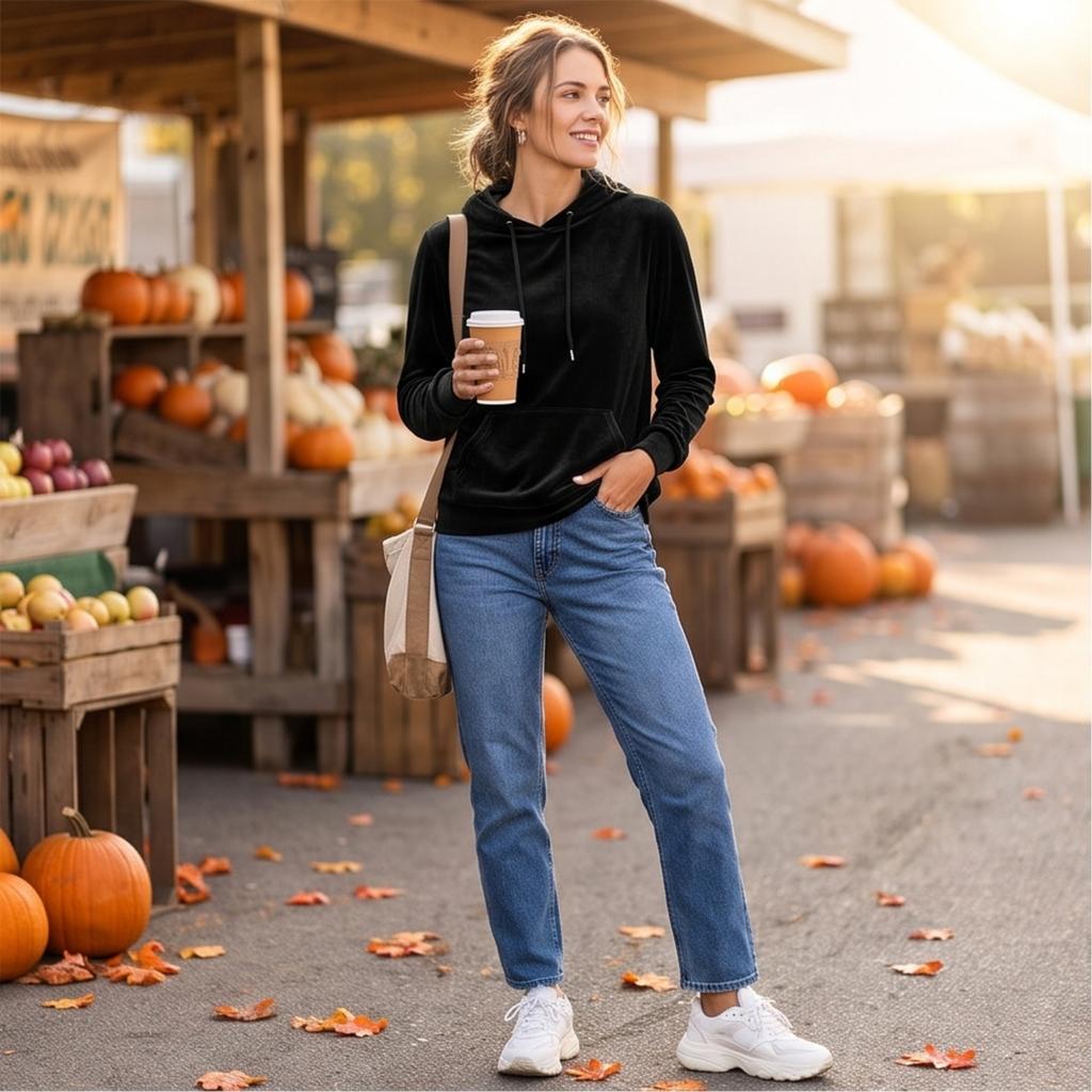 Women's Velvet Hoodie Long Sleeve Casual Pullover Sweatshirt in