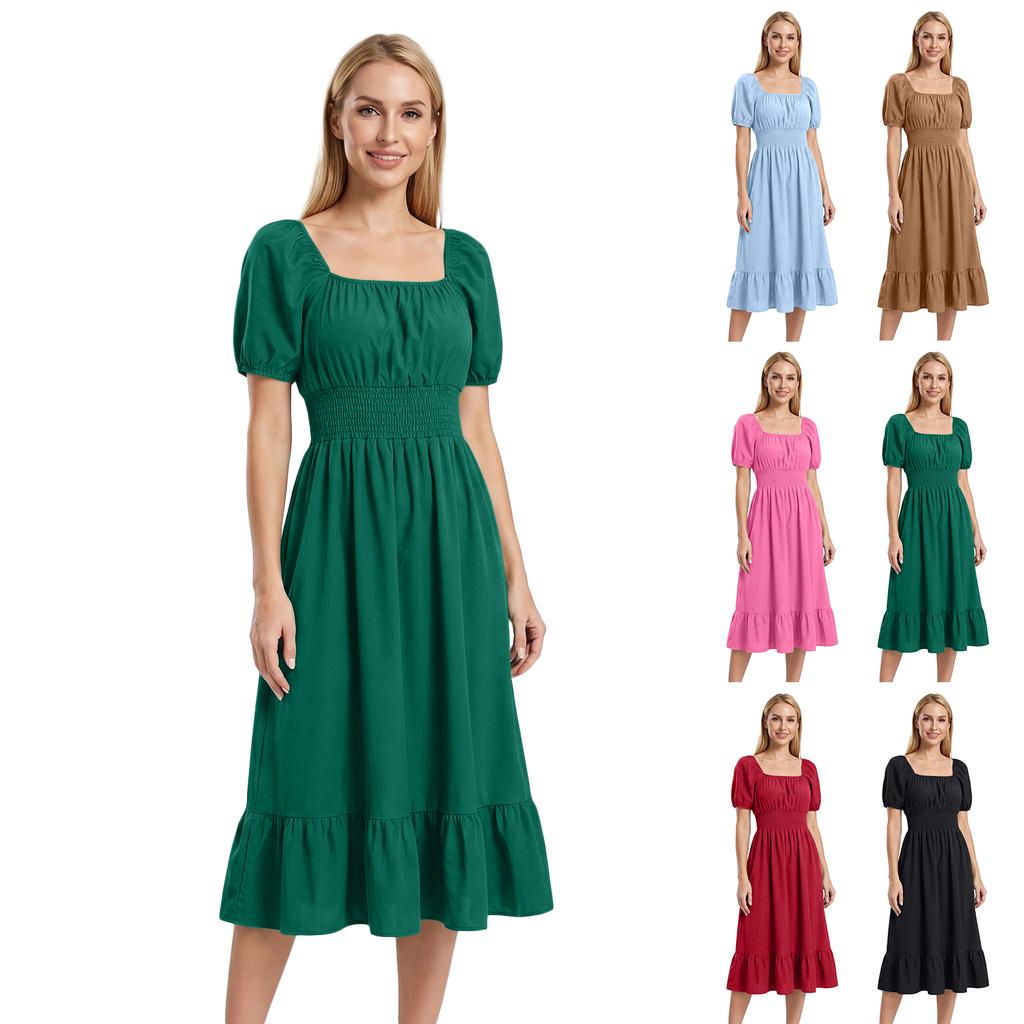 Women Casual Square Neck Short Sleeve Dress Waist Smocked A Line Midi Dress with Ruffle Hem for Everyday Wear
