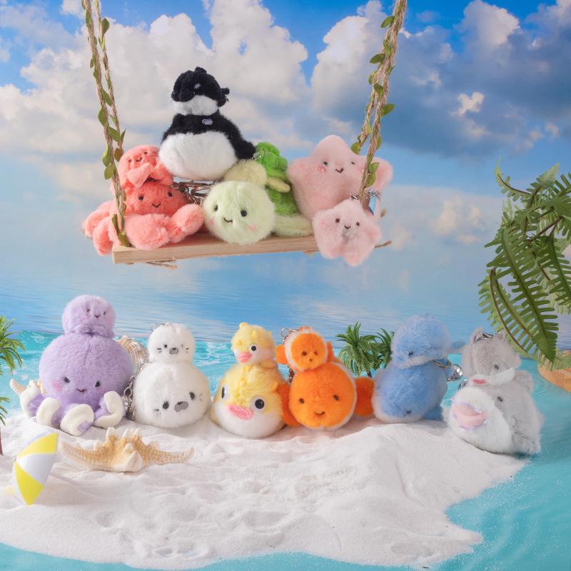 Mini Turtle & Nesting Crab Plush Keychain - Marine Life Parent-Child Doll Set