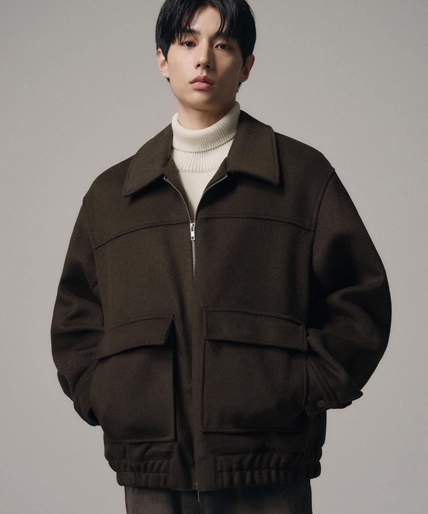 Draw Fit Wool Zip-Up Big Pocket Blouson Jacket [Black]