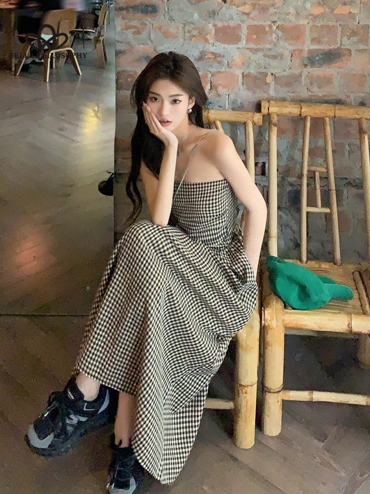 Letní nové kostkované bez ramínek Středně dlouhé úzké elegantní šaty pro ženy Ležérní elegantní plážové párty dlouhé šaty