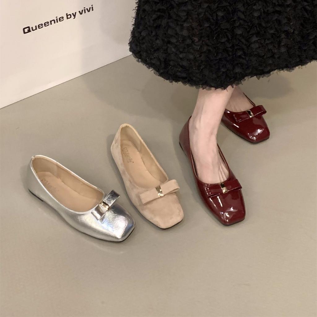 Flat-bottomed French red bow single shoes women's shoes 2025 new spring and autumn ballet with skirt evening shoes