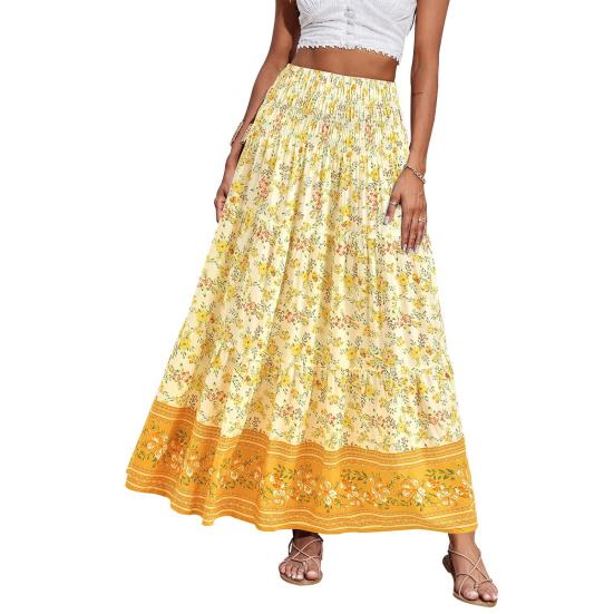 Beach Skirt Elastic High Waisted Skirt Ruffle Splicing A-Line Women Pleated Large Hem Floral Print Maxi