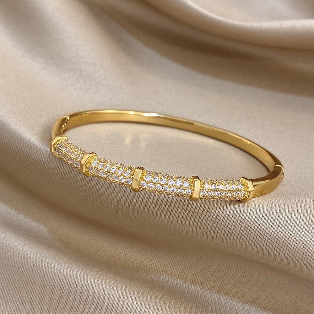 Luxury Bamboo Inlaid Zircon Smooth Bracelet for Women Fashion Gold Plated Copper Cuff Bangle Bracelets Waterproof Jewelry