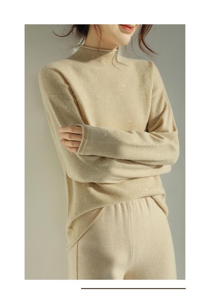 Gold & Silver Thread Half-High Collar 100% Pure Wool Sweater: Loose, Soft Red New Year Knitwear