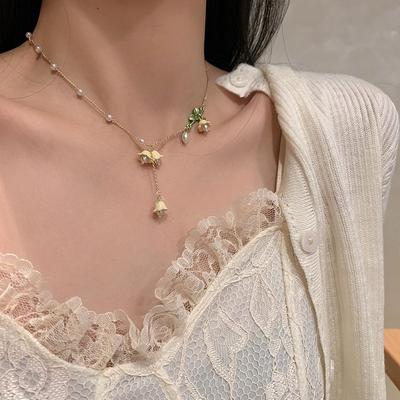 Alloy Bell Orchid Imitation Pearl Necklace Small Fresh Necklace New Female Personality Pendant Creative Tassel Collarbone Chain