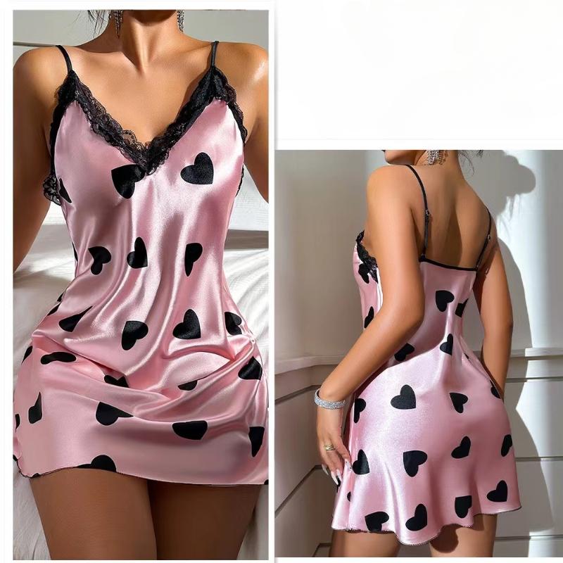 Sexy Backless Ice Silk Slip Dress Simulation Silk Nightdress Summer Love Lace Lace Pajamas Skirt Women's Home Wear