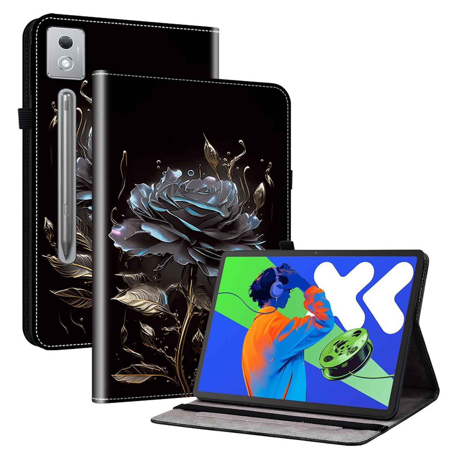 

Для Lenovo Tab P12 Pro 12.7 2025/Xiaoxin Pad Pro 12.7 (2025) Кожаный чехол-подставка с узором и карманами для карт Black Rose