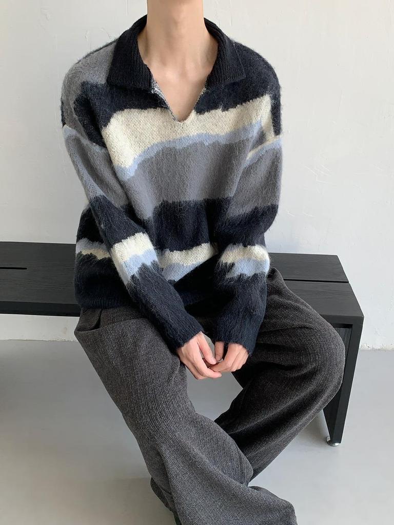 Unisex Retro Color Block Polo Collar Knit Sweater for Autumn/Winter