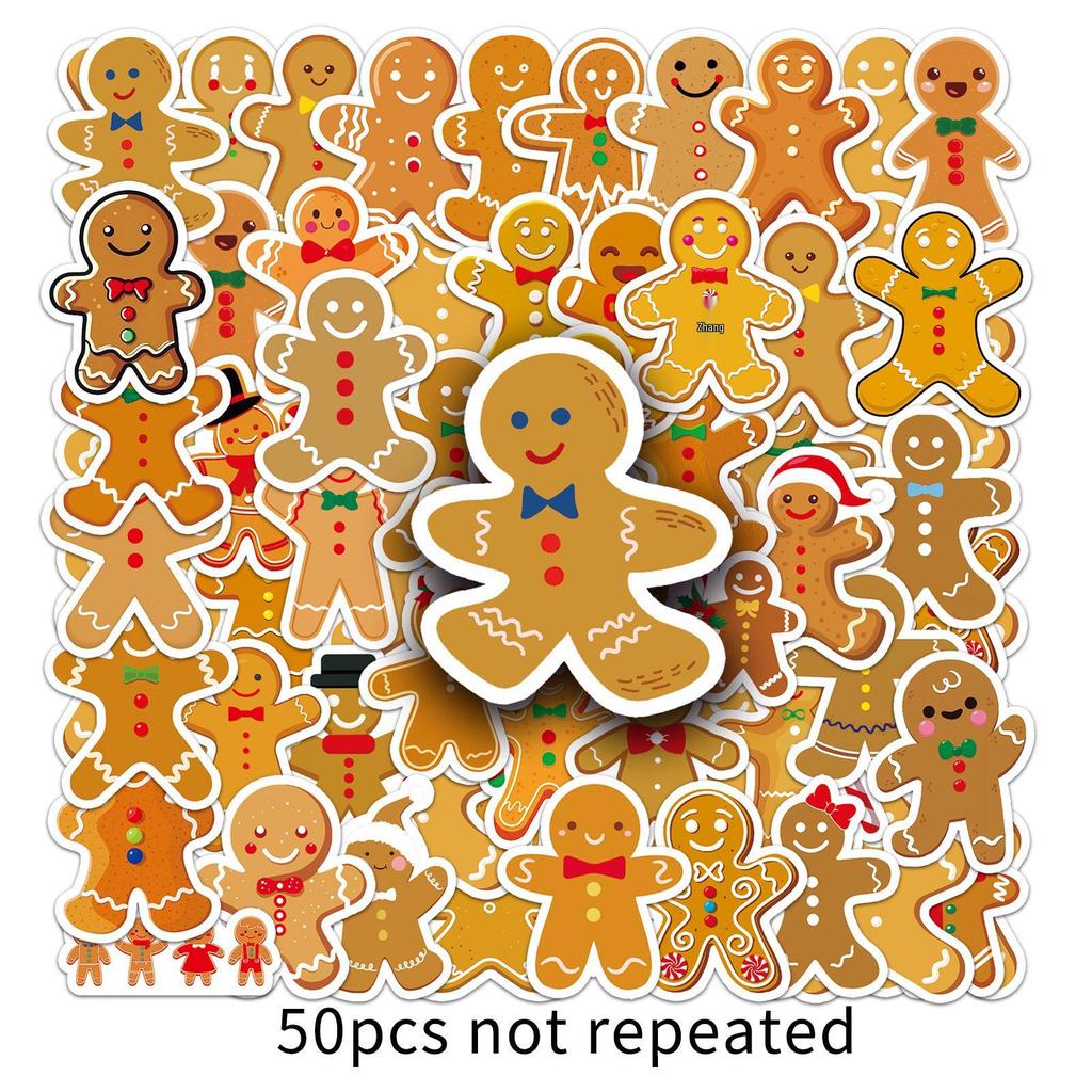 50pcs Gingerbread Man Stickers - Festive DIY Cartoon for Christmas, Waterproof for Phone & More