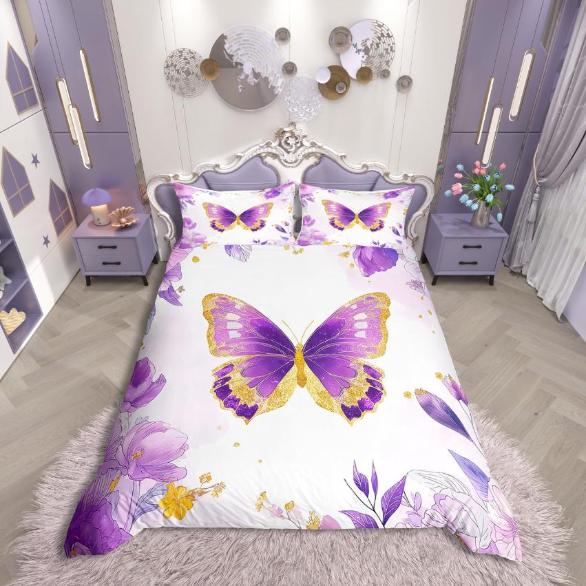 Homewish Kawaii Butterfly Duvet Cover Set,Girls Pink Comforter Cover Set,Fairy Tale Theme Bed Set For Girls Teens