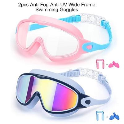 2 Pack Anti-Fog Anti-UV Swimming Goggles HD Diving Goggles with Earplugs Anti Choking Women Men Large Frame Silicone Swim Ggles