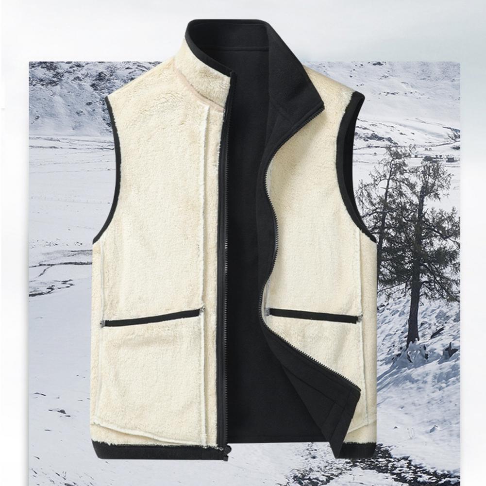 Fall Winter Men Vest Stand Collar Neck Zipper Closure Thick Plush Warm Windproof Solid Color Soft Plus Size Cardigan
