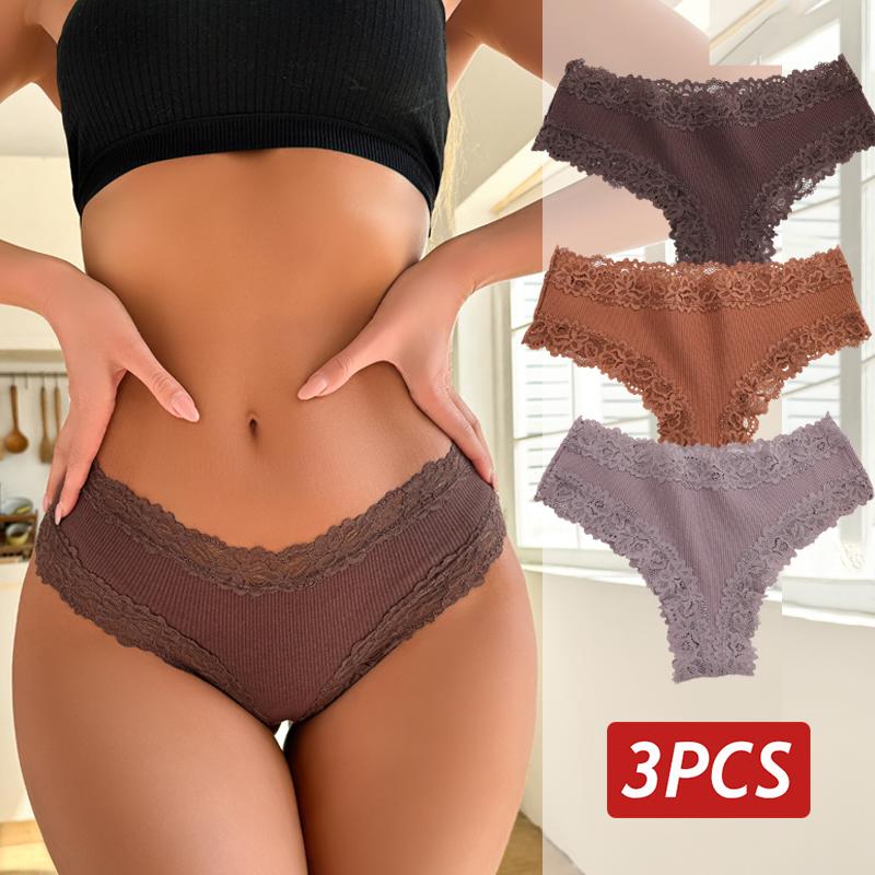3PCS/Set Sexy Lace Panties for Women Cotton Brazilian Panties Female Low Rise Breathable Underwear Solid Colors Floral Lingerie