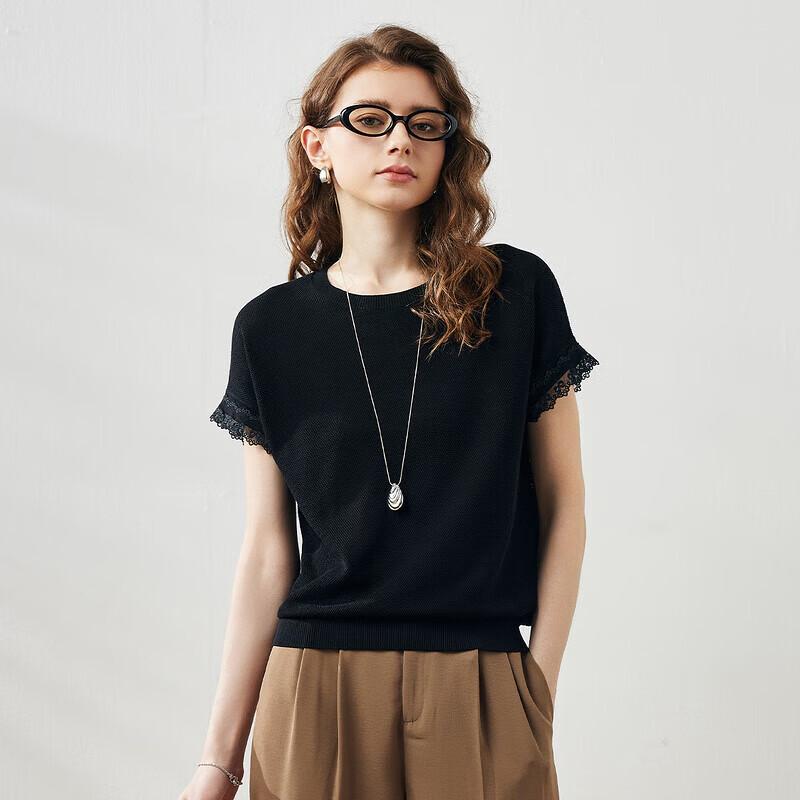 Komonboka Women's Silk Blend Lace Trim Knit T-Shirt