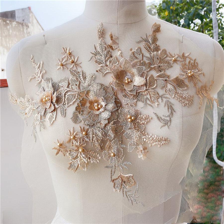 1Pcs Golden Red Beaded Beautiful Large Piece Rhinestone Embroidered Patch Wedding Dress Applique Accessories