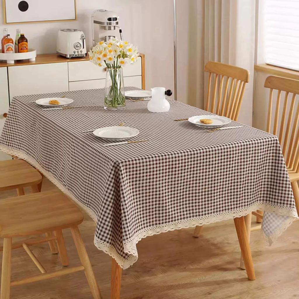 Nordic Style Coffee Grid Tablecloth Rectangle Tablecloth with Lace Dust-Proof Table Cover for Kitchen Dinning Table Decoration