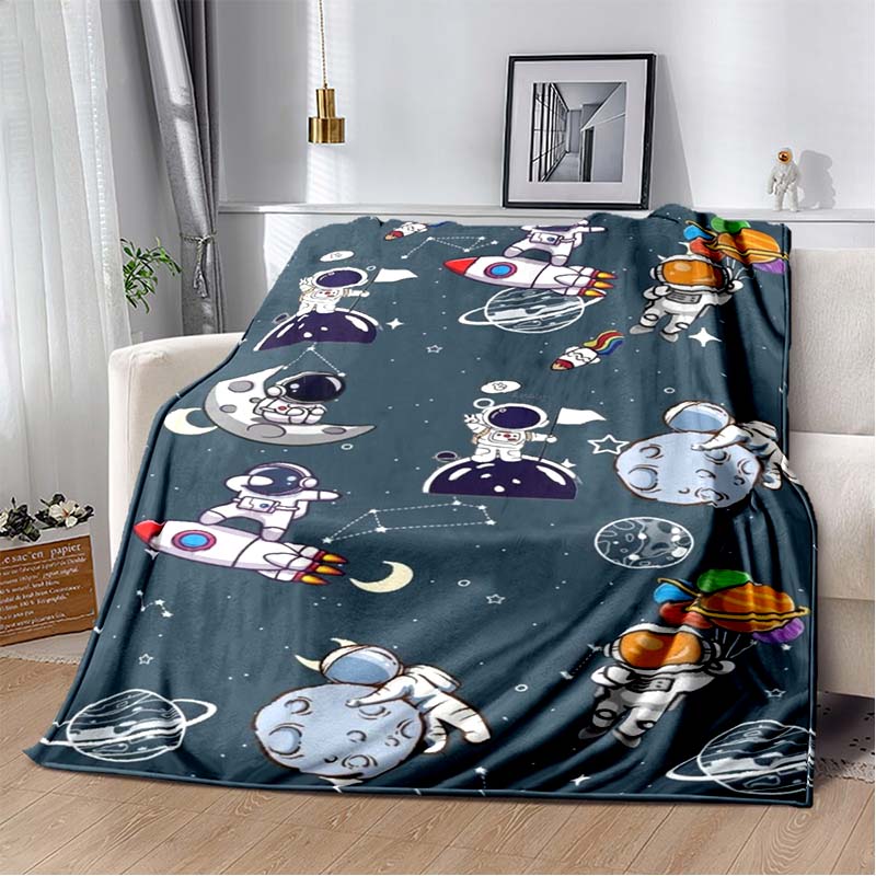 Space Astronaut Flannel Blanket, Soft Warm Throw with Cartoon Spaceman & Planet Print for Kids Bed Sofa, Cozy Bedding for Boys
