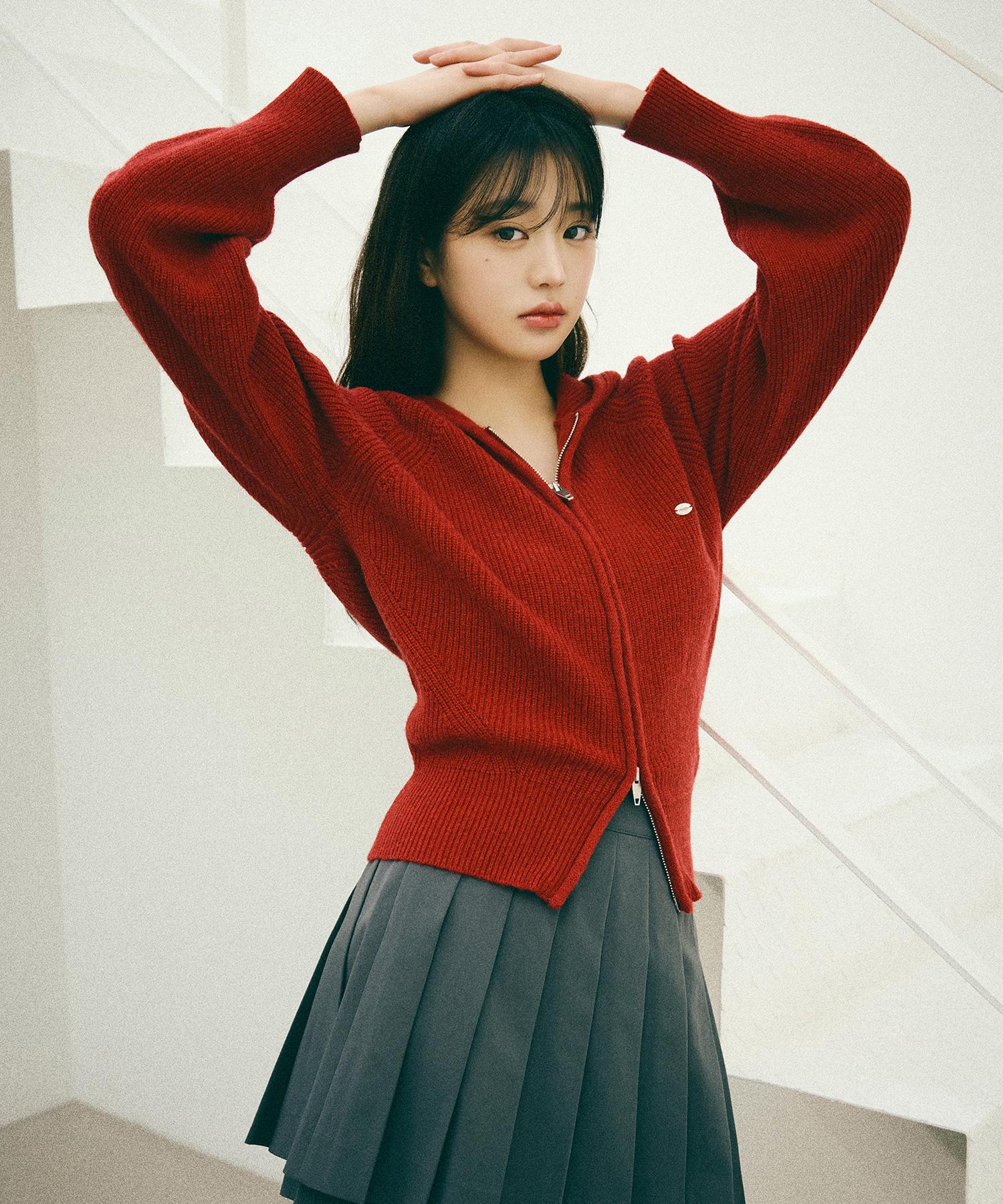 Lora Lora 2Way Wool Knit Hooded Zip-Up Red Red/Free