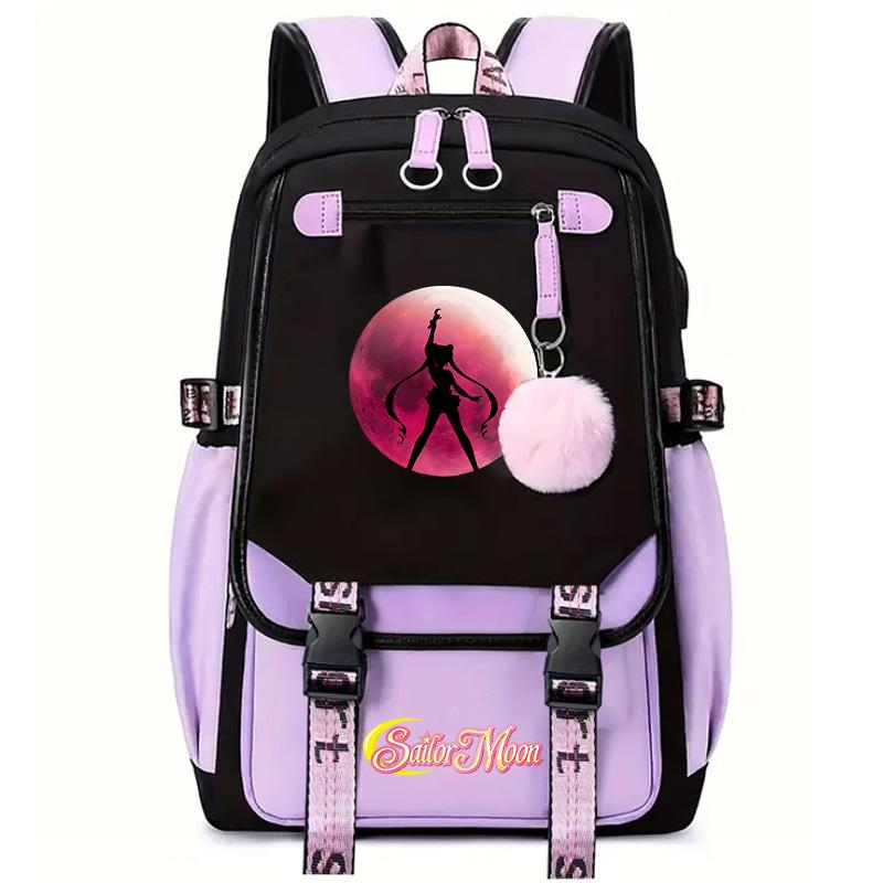 Sailor Moon Cute Anime Printed Student School Bag USB Interface Large Capacity Canvas Bag Computer Bag