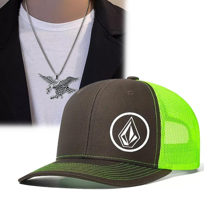 2Pcs Men Women Embroidery Flat Brim Sun Hat Eagle Pendant Necklace Set Fashion Leisure Sports Baseball Cap Couple Hip Hop Cap
