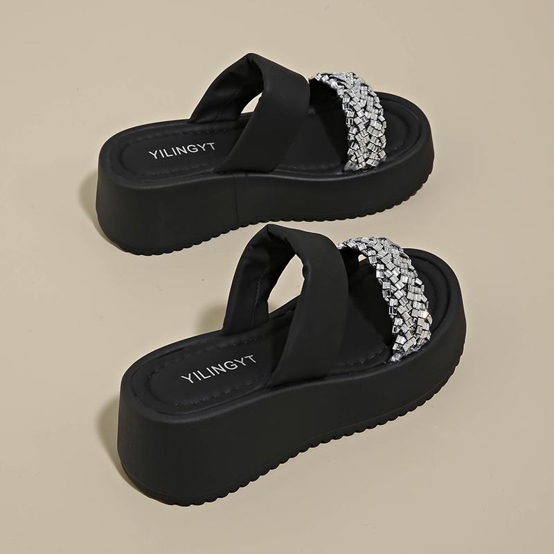 CRLAYDK Womens Rhinestone Strappy Slip On Wedge Sandals Outdoor Summer Leather Slides Soft Beach  Ladies Walking Slippers