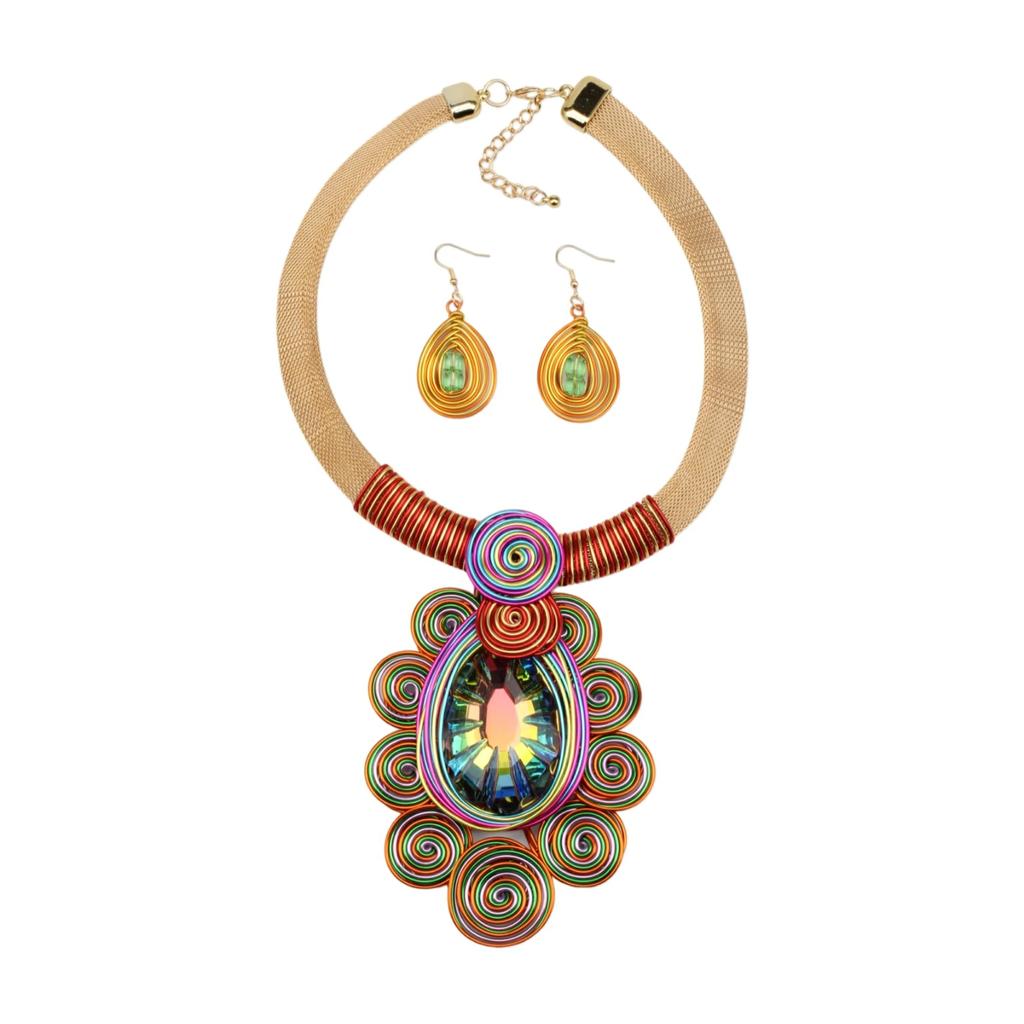 Crystal Pendant Necklace Earrings for Women Chunky Statement Flower Festival Ethnic Tribal Jewelry Accessories