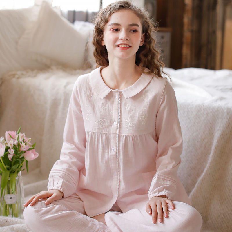 

Японская милая принцесса вышитая домашняя одежда женская пижама с длинным рукавом весна осень чистый хлопковый марлевый тонкий домашний комплект M