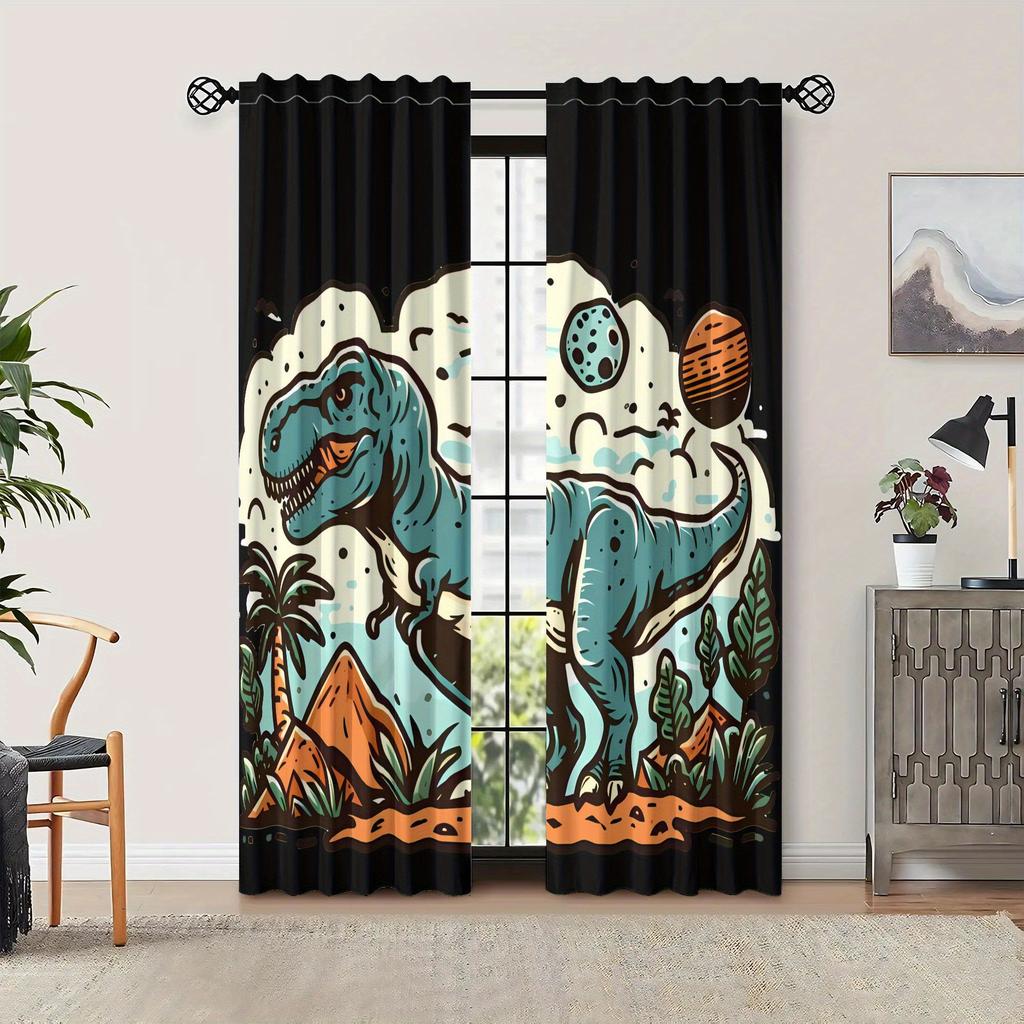 curtain2pcs Tyrannosaurus Rex Dinosaur Curtains- Retro Blackout Curtains with Grommet Top, Polyester Machine Washable