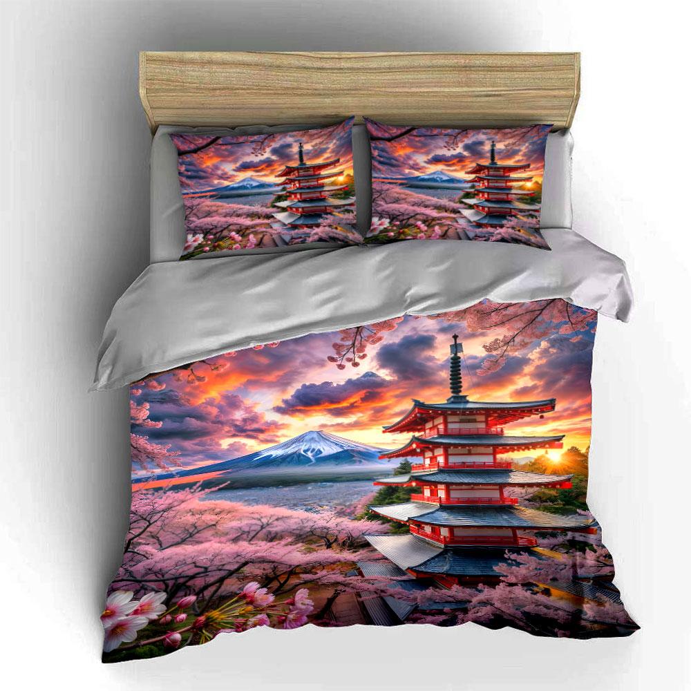 Kirschblüten am Fuji Muster Bettwäsche-Set Mit 3D-Druckdesign Weiches Polyester Bettwäsche-Set Ganzjahreskomfort