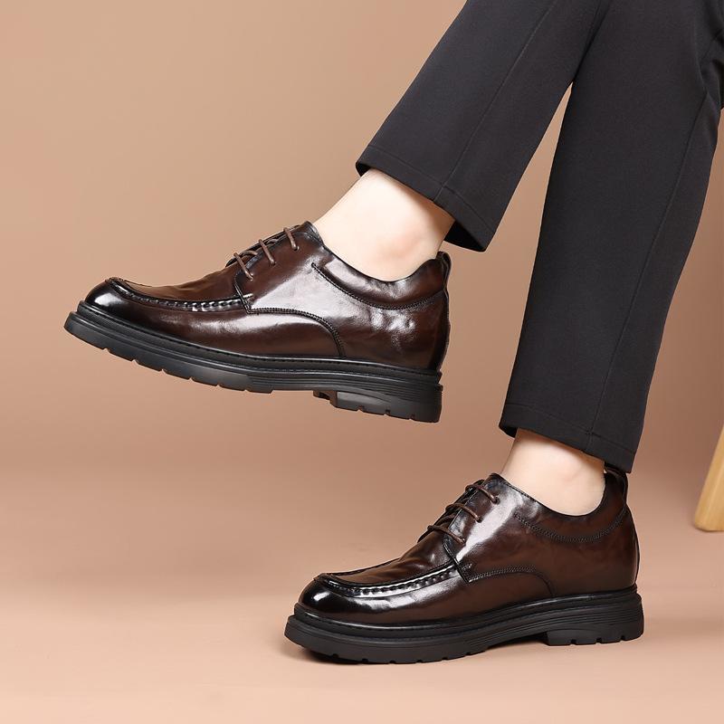 

Leather shoes men s sewing bags British casual shoes lace-up business commuter shoes thick-soled wear-resistant men s shoes inner heightening loafers 43 коричневый