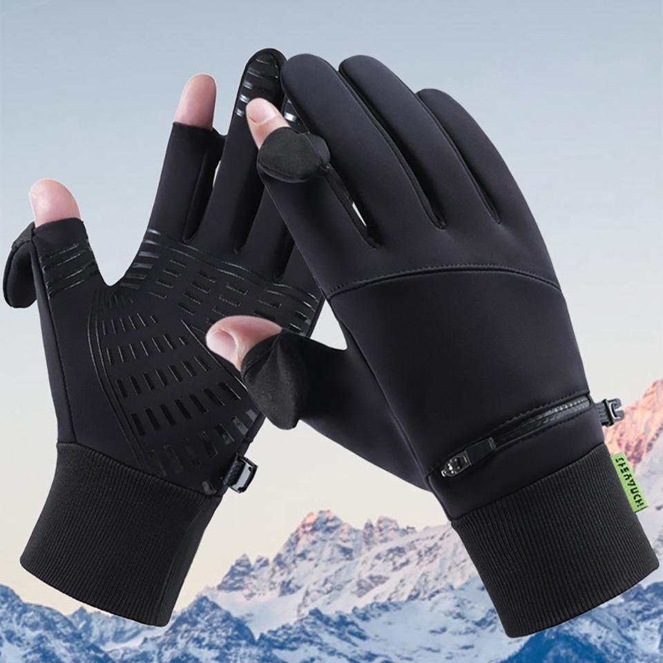 Gobygo Two-Finger Exposed Gloves Anti-Slip Windproof Fleece Winter Outdoor Cycling Gloves Touch Screen Warming Gloves Men Women