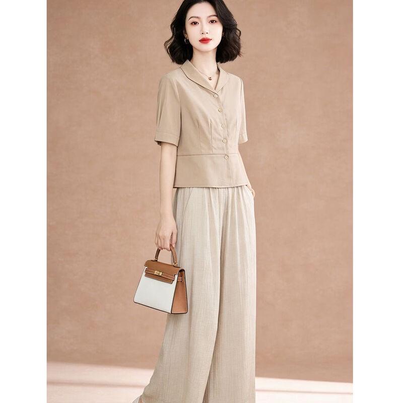 Women's Solid Lapel Short-Sleeve Shirt & High-Waist Wide-Leg Pants 2-Piece Set
